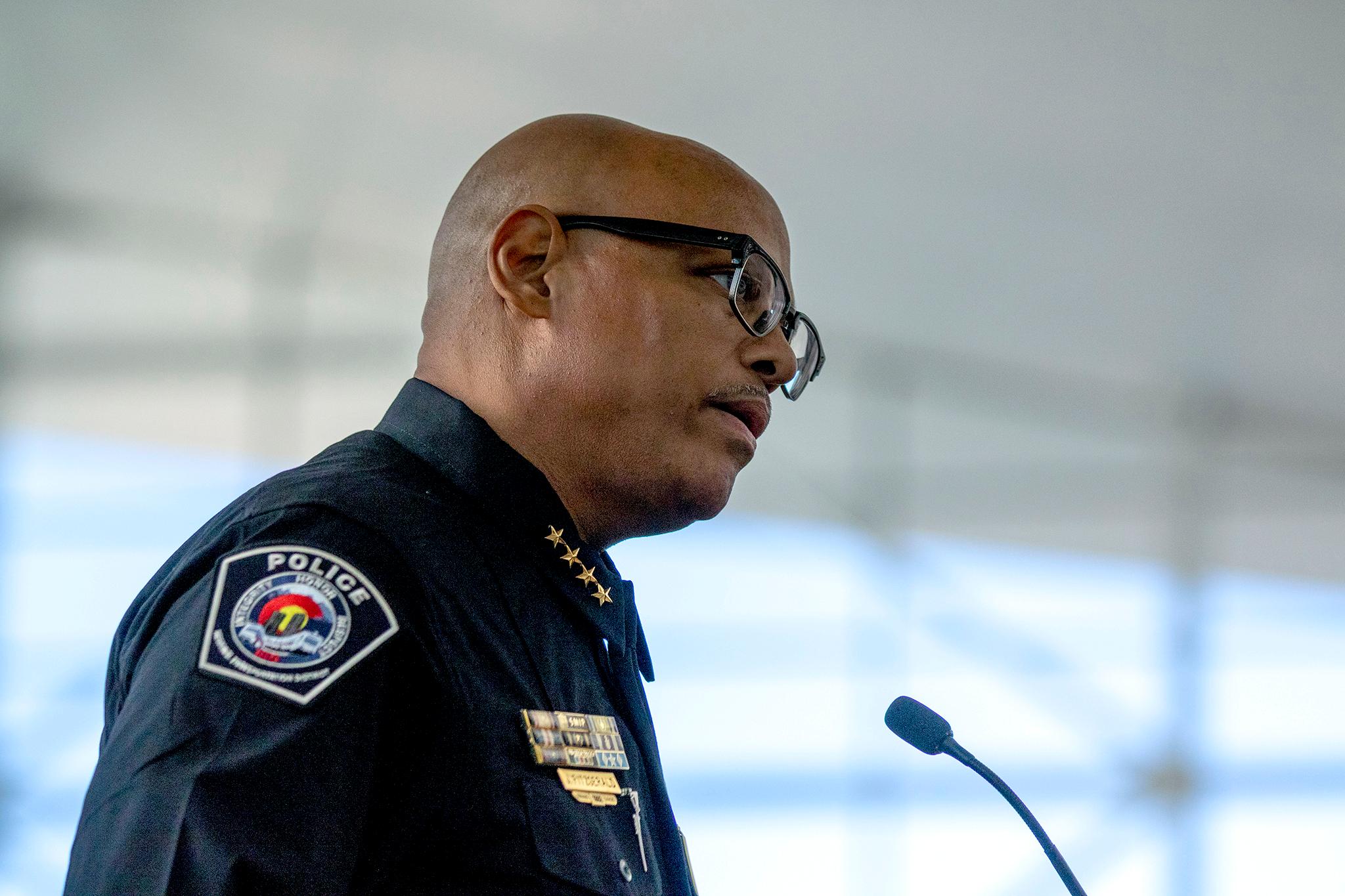 RTD Police Chief Joel Fitzgerald Sr. speaking at a press conference