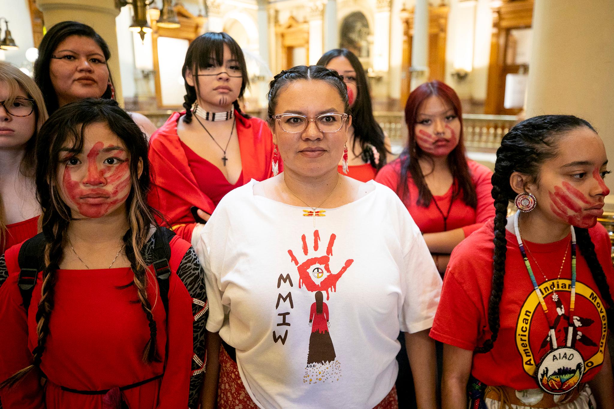 A group of students from the American Indian Academy of Denver are present at the Colorado State Capitol