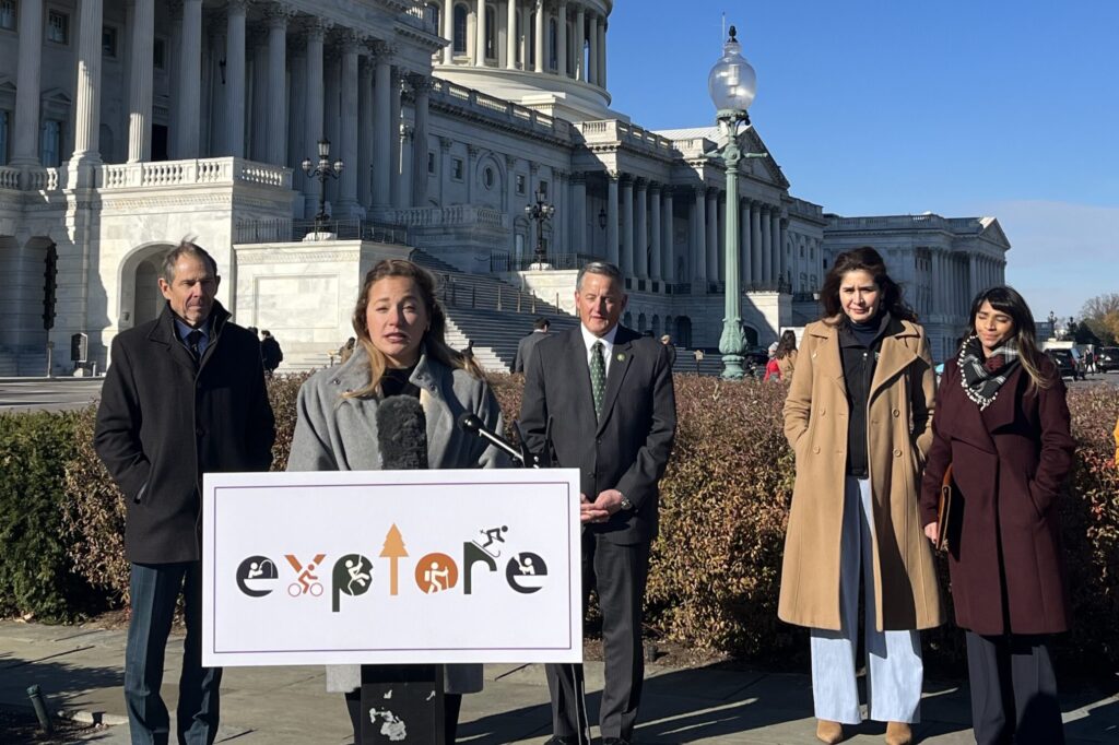 Rock climber Sasha DiGiulian joins lawmakers and other advocates at the US Capitol on in support of the Explore Act