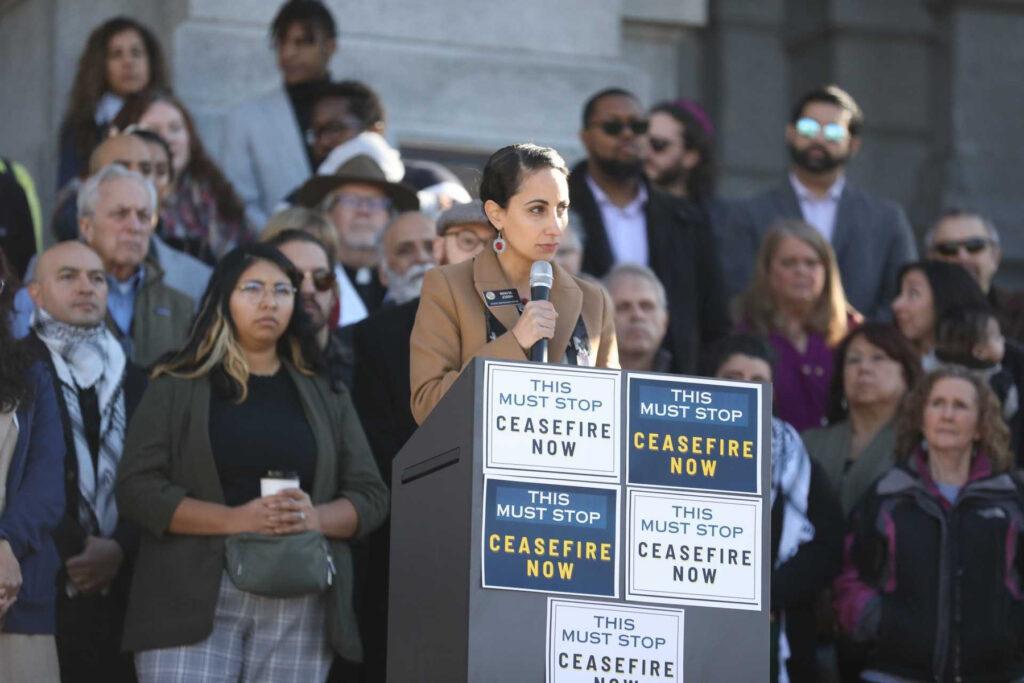 State Rep. Iman Jodeh speaks at a rally