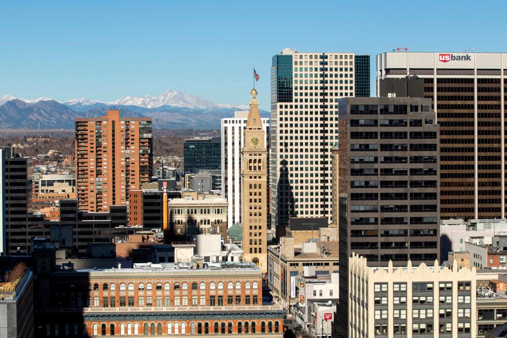 Downtown Denver's Daniels and Fisher Tower seen from atop the Court Street Sheraton hotel.