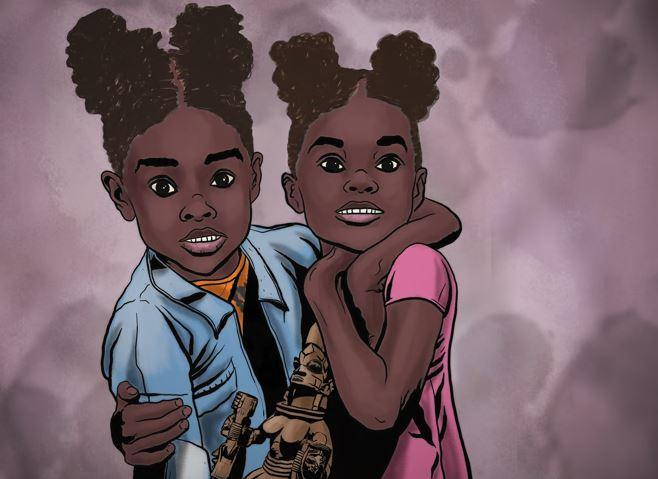 Graphic novel rendering of two girls posing with African art.