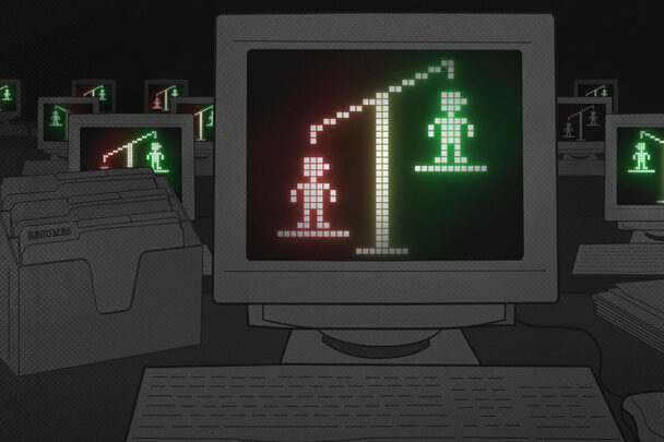 An illustration of a computer monitor, weighing two stick figures on a scale, to show what artificial intelligence systems could be called upon to do.
