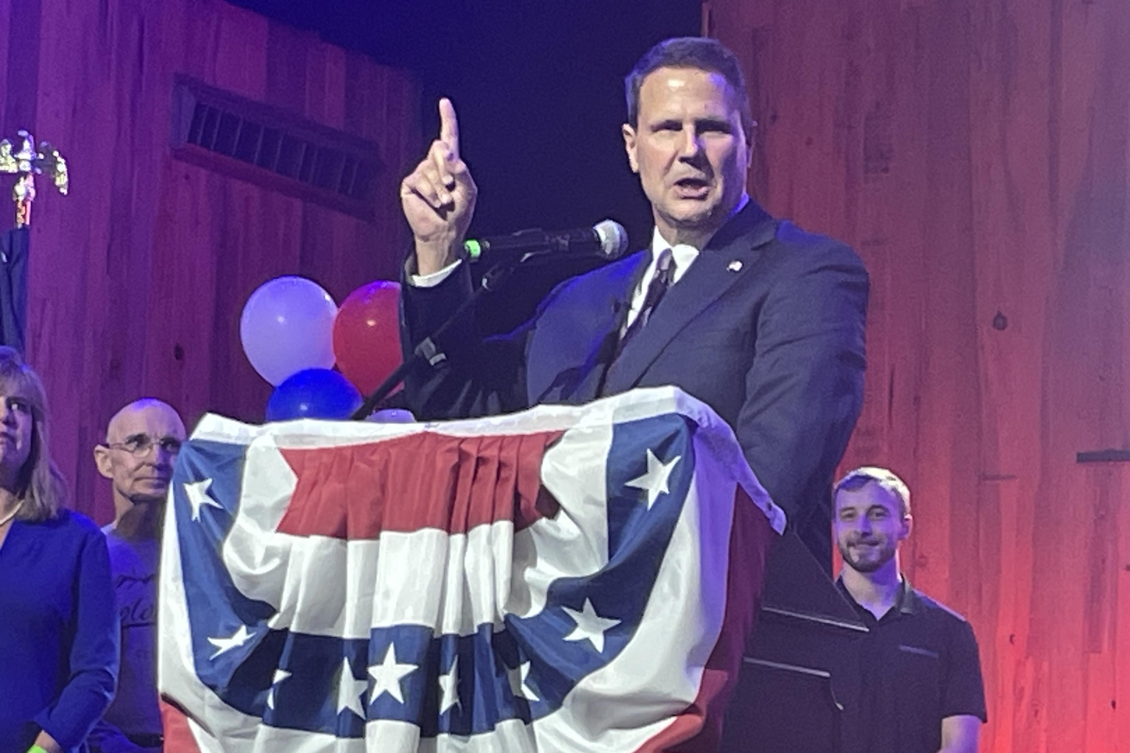 Republican Jeff Crank takes to the stage in Colorado Springs, Colo. on June 25, 2024. He appears to have defeated controversial GOP state party chair Dave Williams.