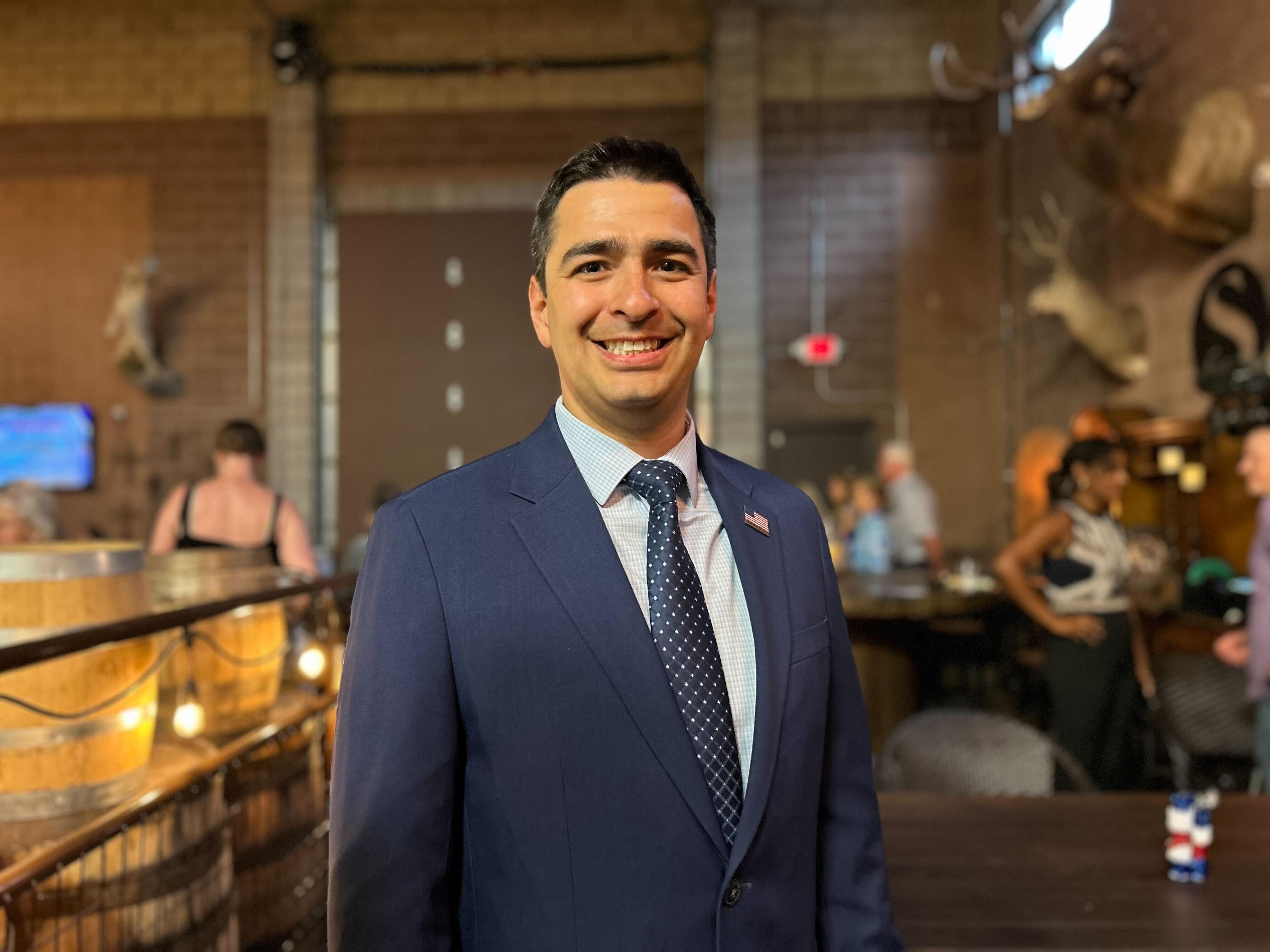 8th Congressional District candidate Gabe Evans at a primary watch party at Satire Brewery in Thornton, Colorado on Tuesday, June 25, 2024.
