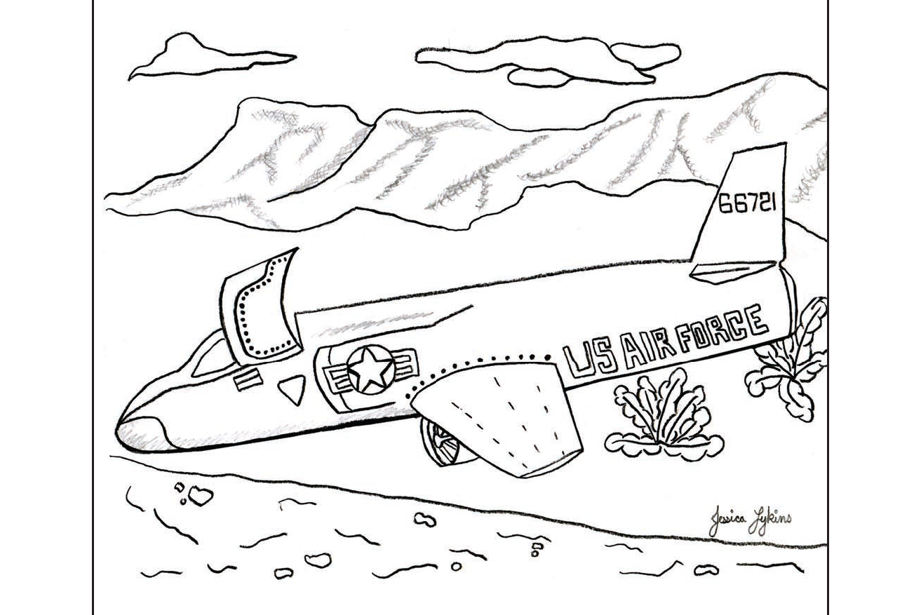 An illustration from a coloring book of a crashed U.S. Air Force plane in the deserts outside Cortez, Colorado.