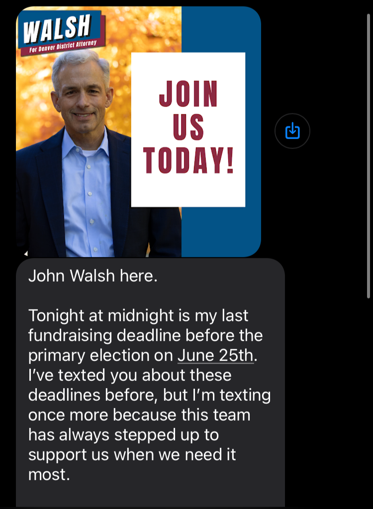 Screenshot of a text from a political campaign