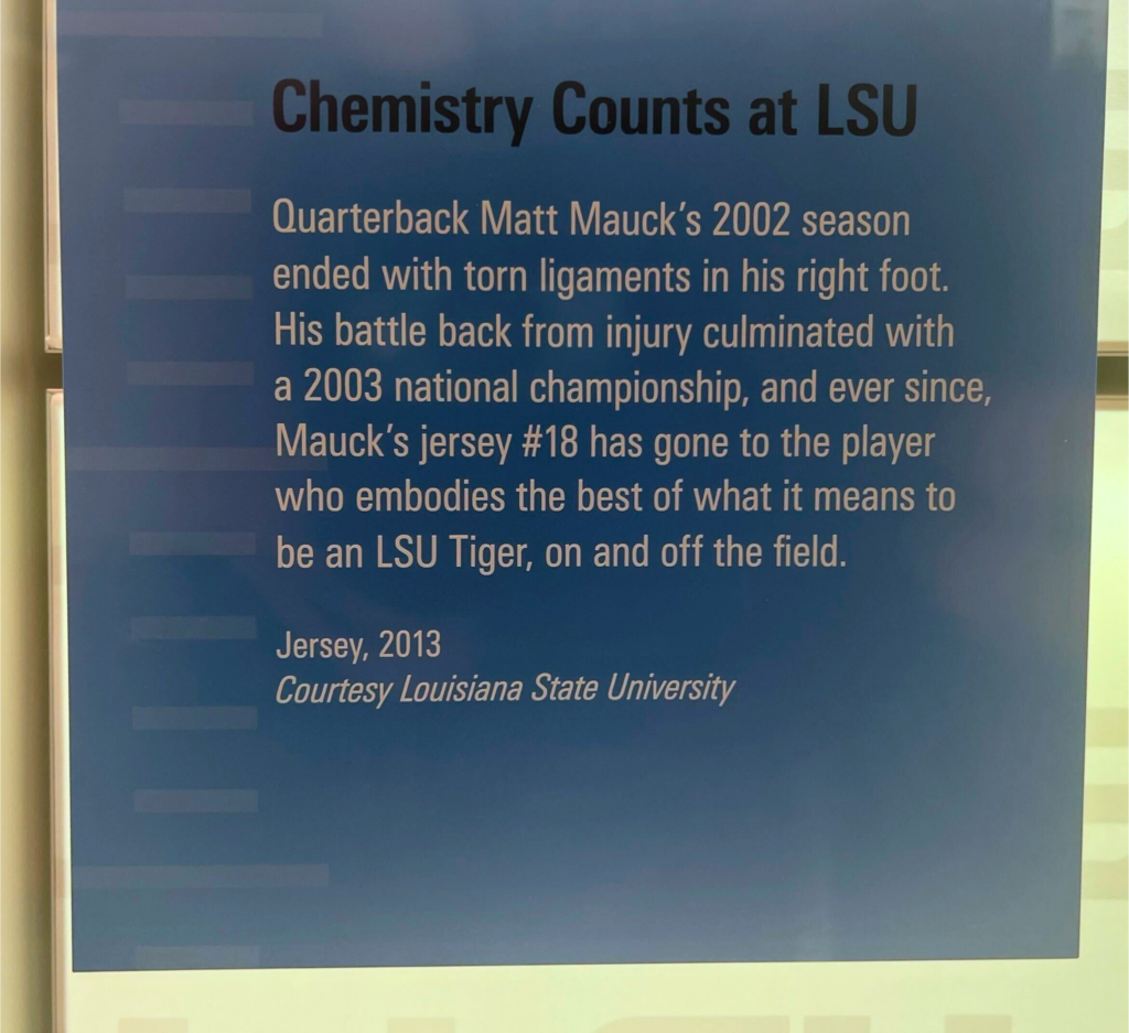 The plaque that documents quarterback Matt Mauck's championship season at Louisiana State University, referencing his jersey and number.