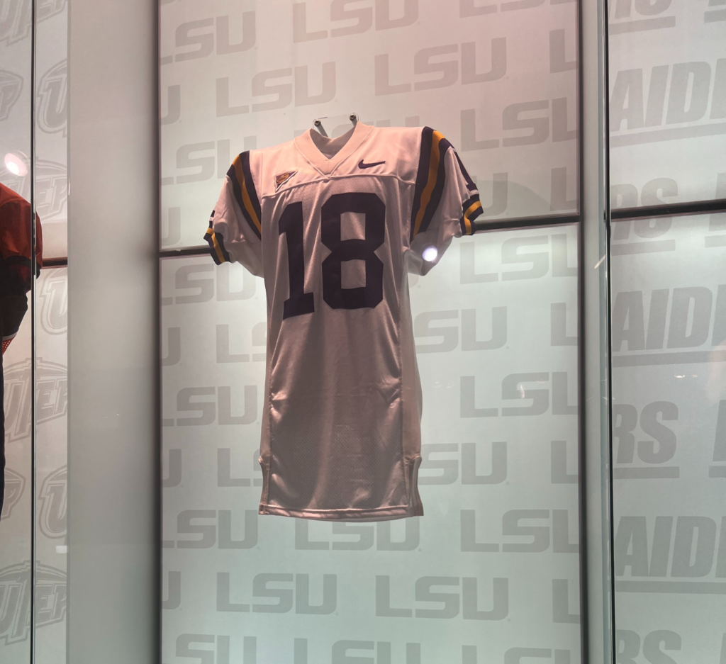 Quarterback Matt Mauck's number 18 jersey when he played at Louisiana State University hung up.