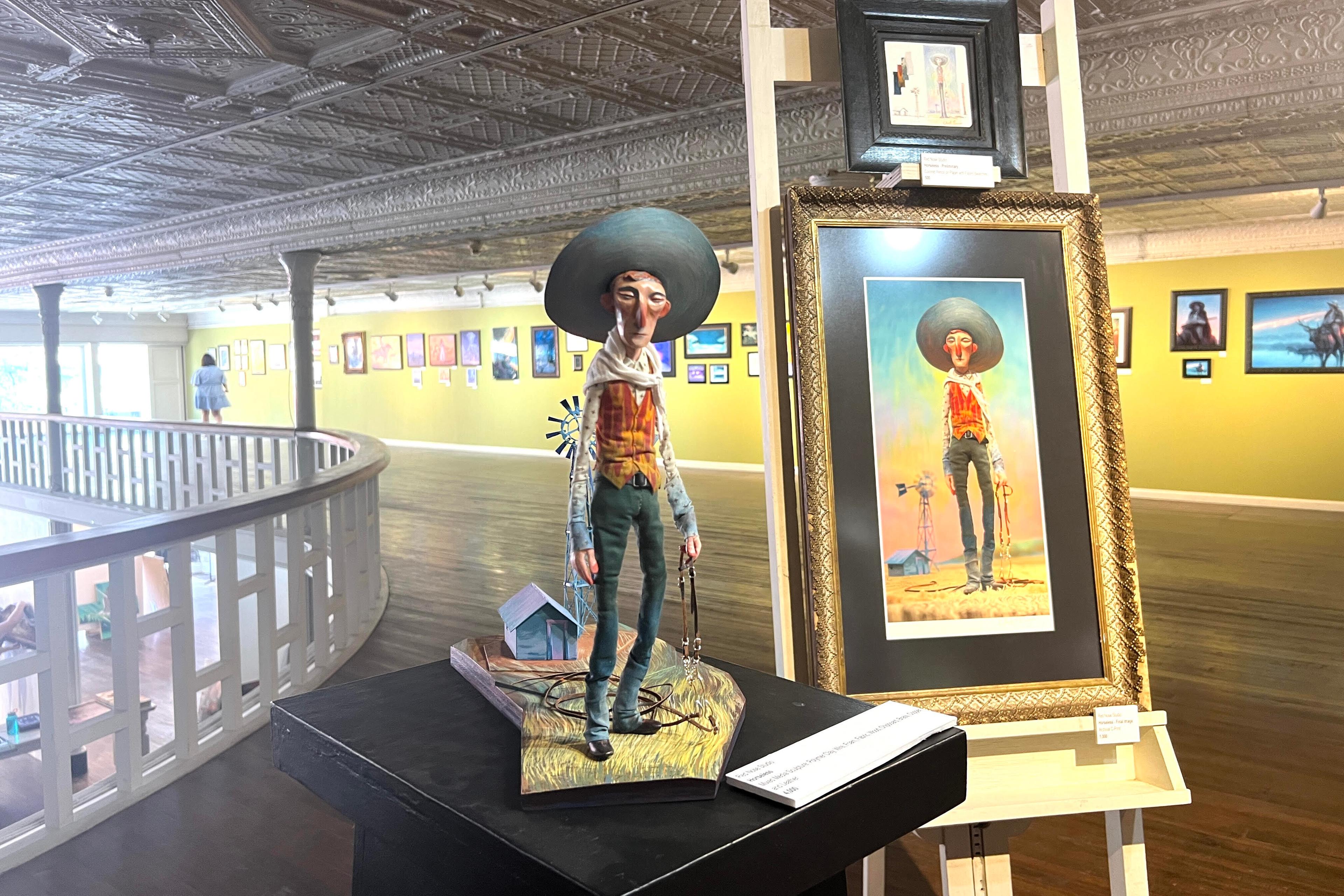 Three renderings of the same cowboy: one sculpture, one preliminary work, and one final image.