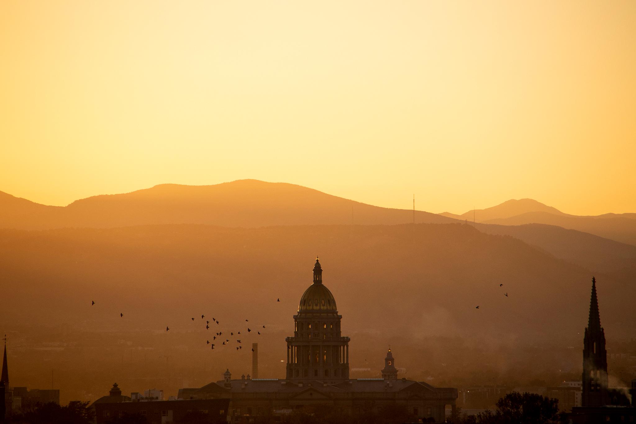 Sunset over the Colorado State Capitol.
