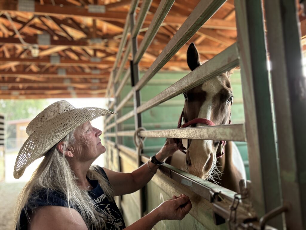 A woman in a cowboy hat sooths a horse in a barn after evacuating a wildfire.