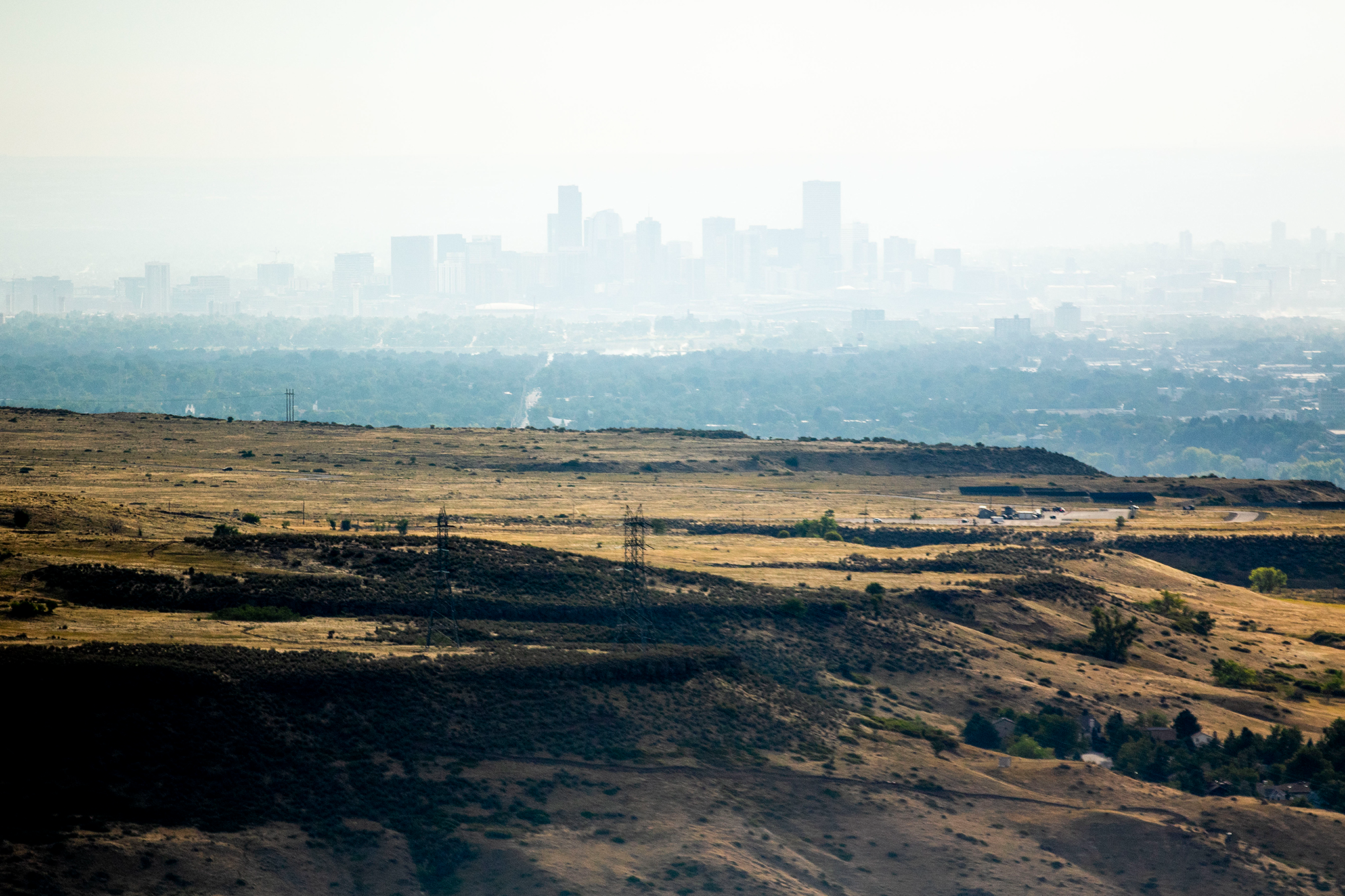 A view of Denver's skyline on a hazy day.