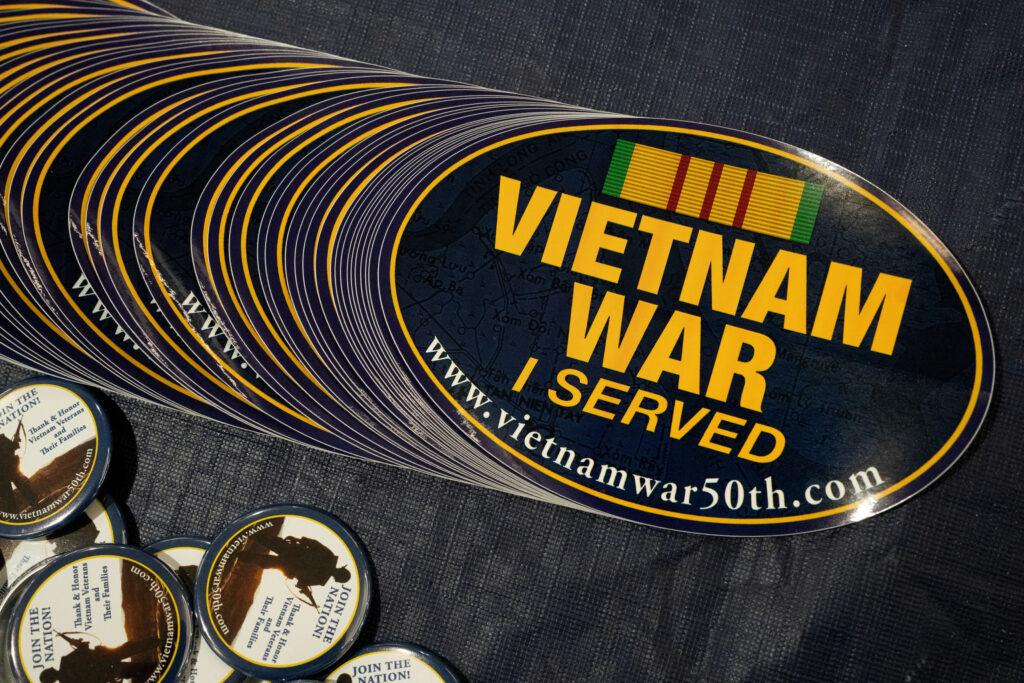 Vietnam War stickers on a table
