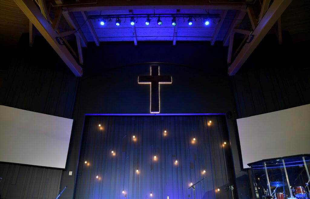 A cross is displayed at The Rock church in Castle Rock.
