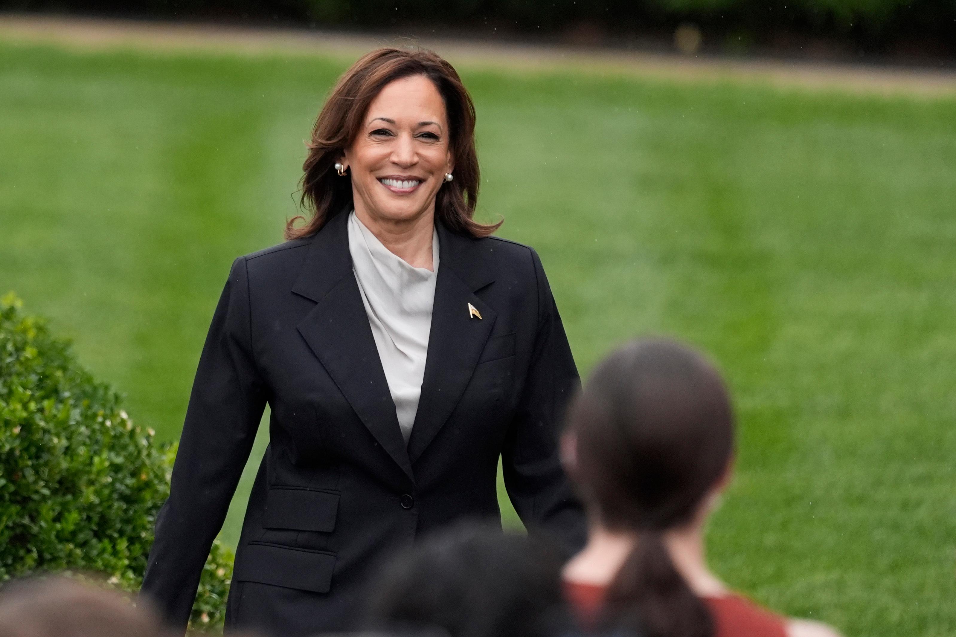 Kamala Harris walking from the South Lawn of the White House, green grass is directly behind her with a lush green bush to her right - our left. Wearing a black blazer with a golden American flag pin and a grey top underneath. The back of someone's head is in front of her blurry.