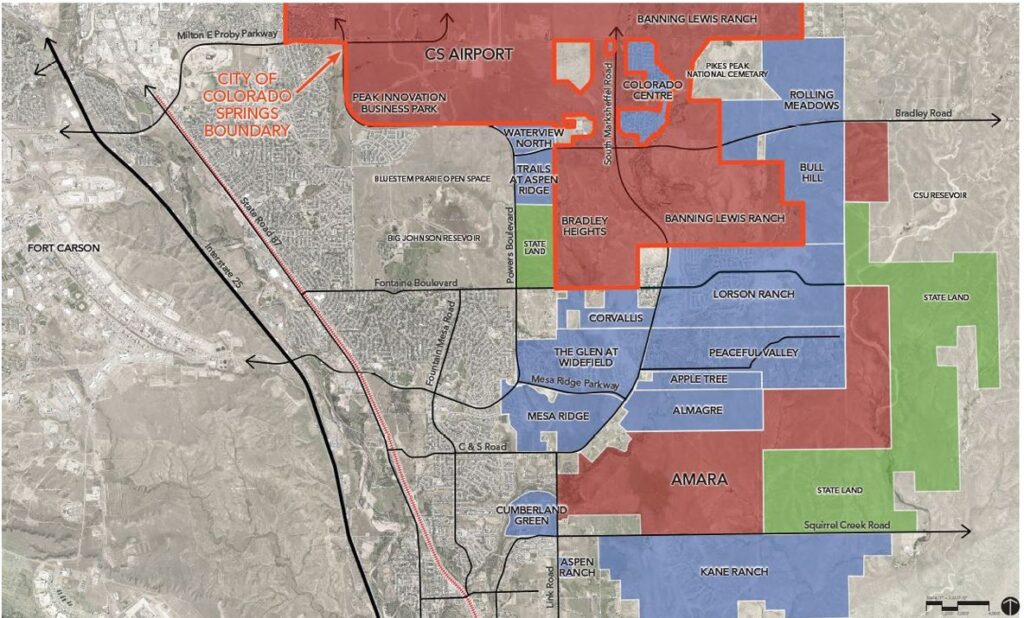 a map showing different developments and state land around and near the south section of Colorado Springs where the proposed Amara development would be.