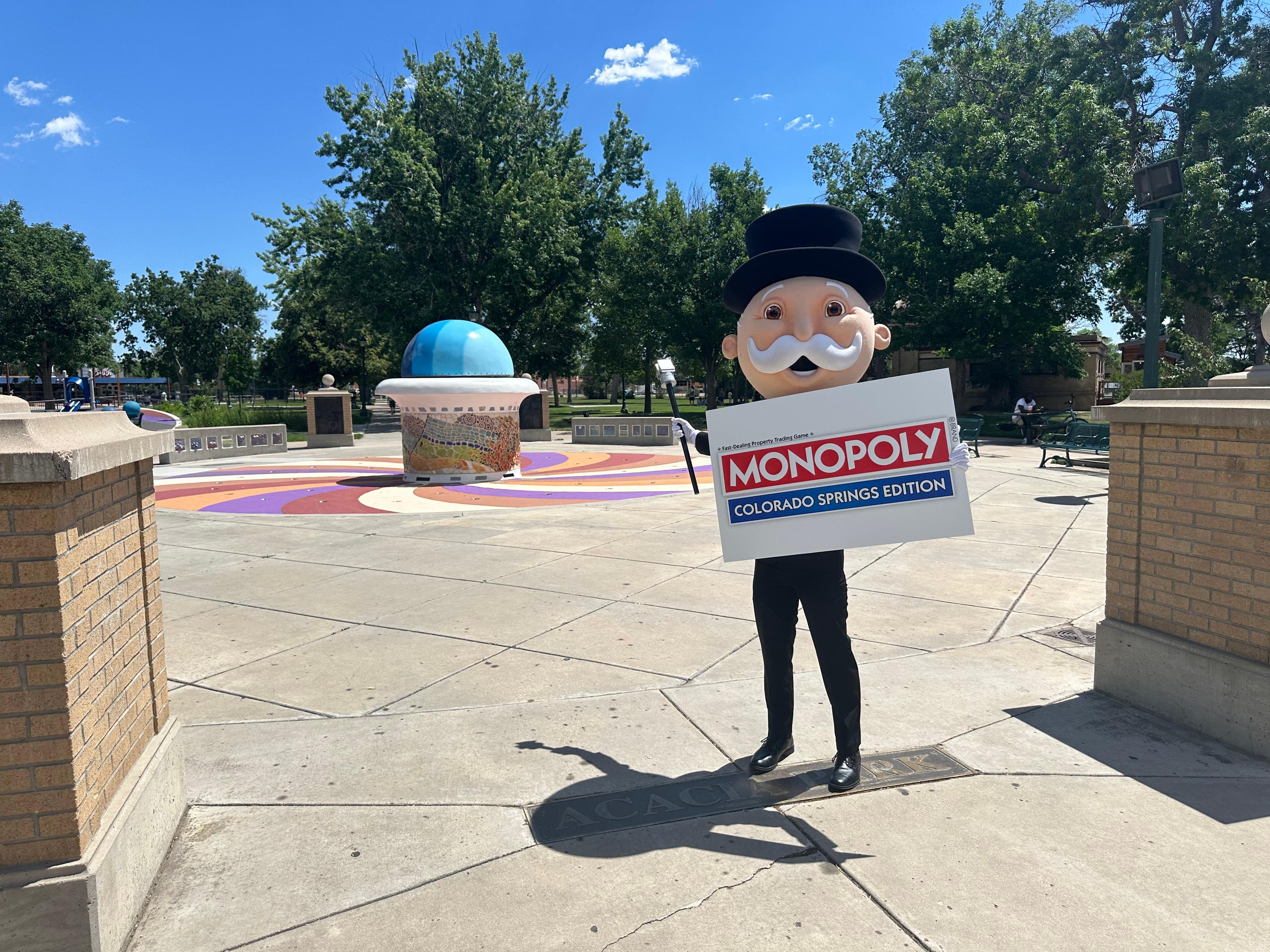 Mr Monopoly stands in Acacia Park in downtown Colorado Springs