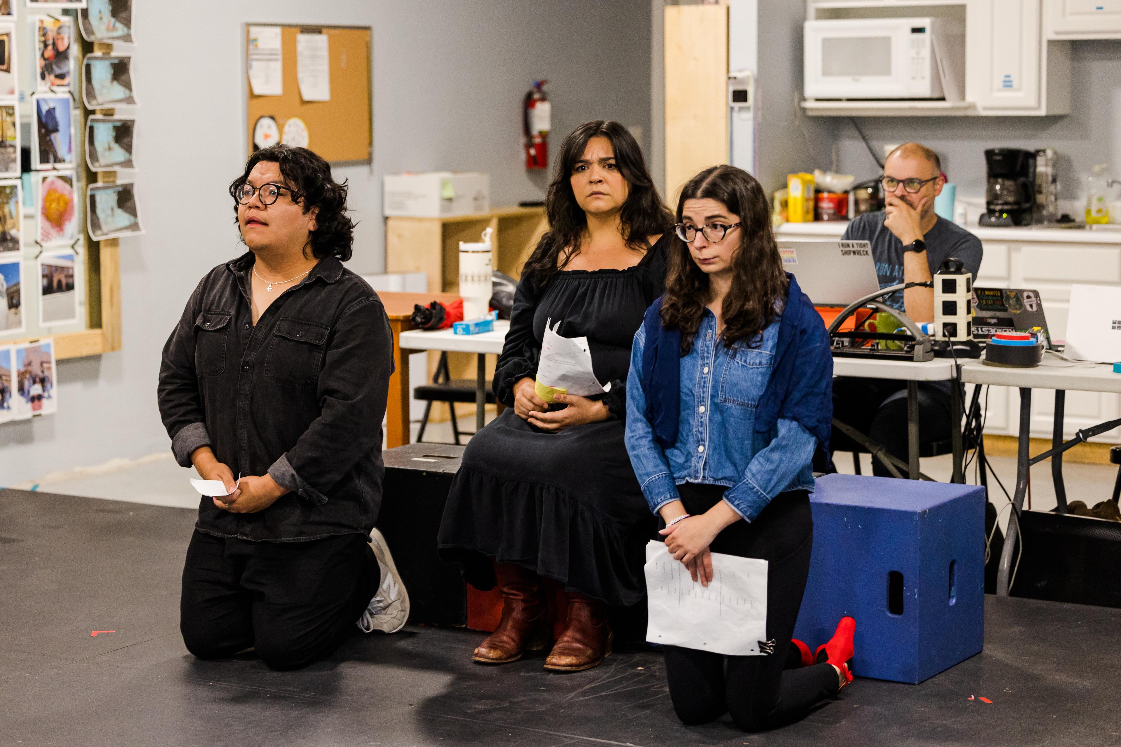 Julian Ibarra, Savanna, Padilla, Katie Rodriguez and Stage Manager Wilhelm Peters rehearse for "Prima's Guide to Funerals."