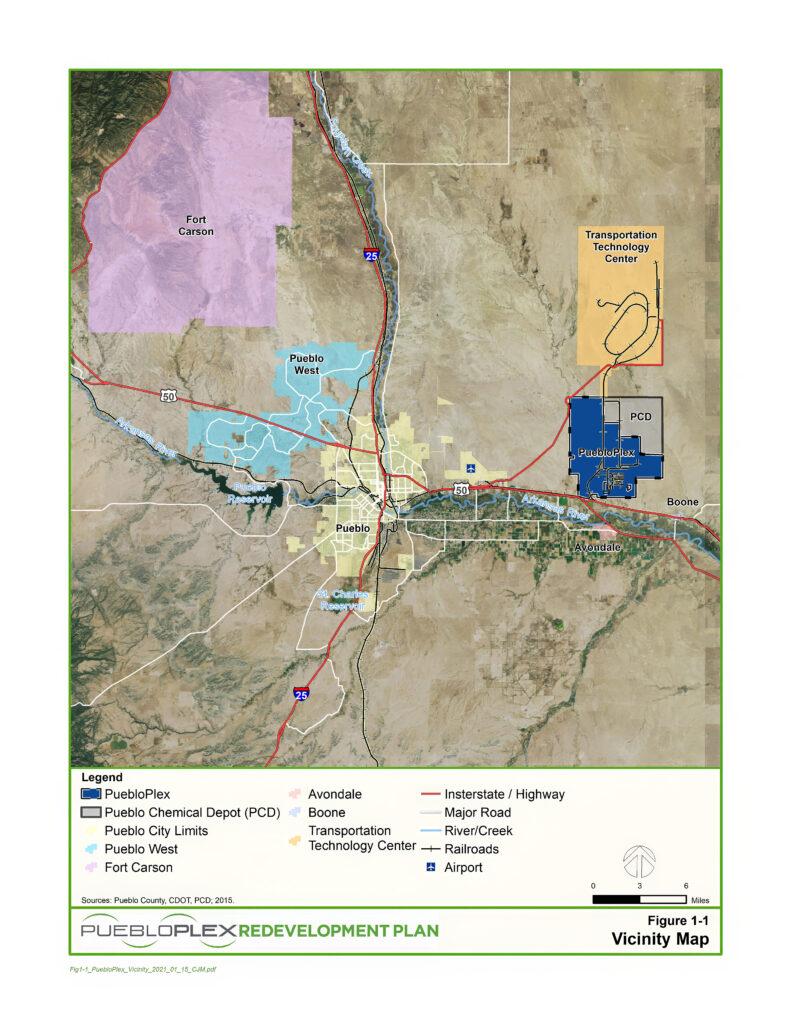 A map showing the vicinity of PuebloPlex and the Pueblo Chemical Depot east of the city of Pueblo and north of the Arkansas River in Pueblo County. Both parcels are irregularly shaped and adjacent to each other. The Transportation Technology Center is north of PuebloPlex and Pueblo Chemical Depot. The map also shows Fort Carson to the northwest, Pueblo West to the west and other communities.