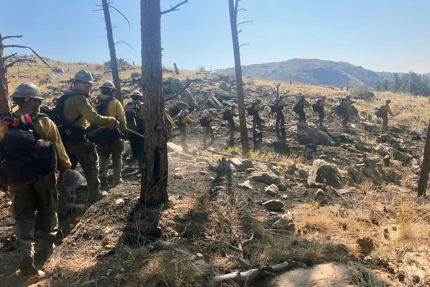 A line of firefighters walking across a burned area.