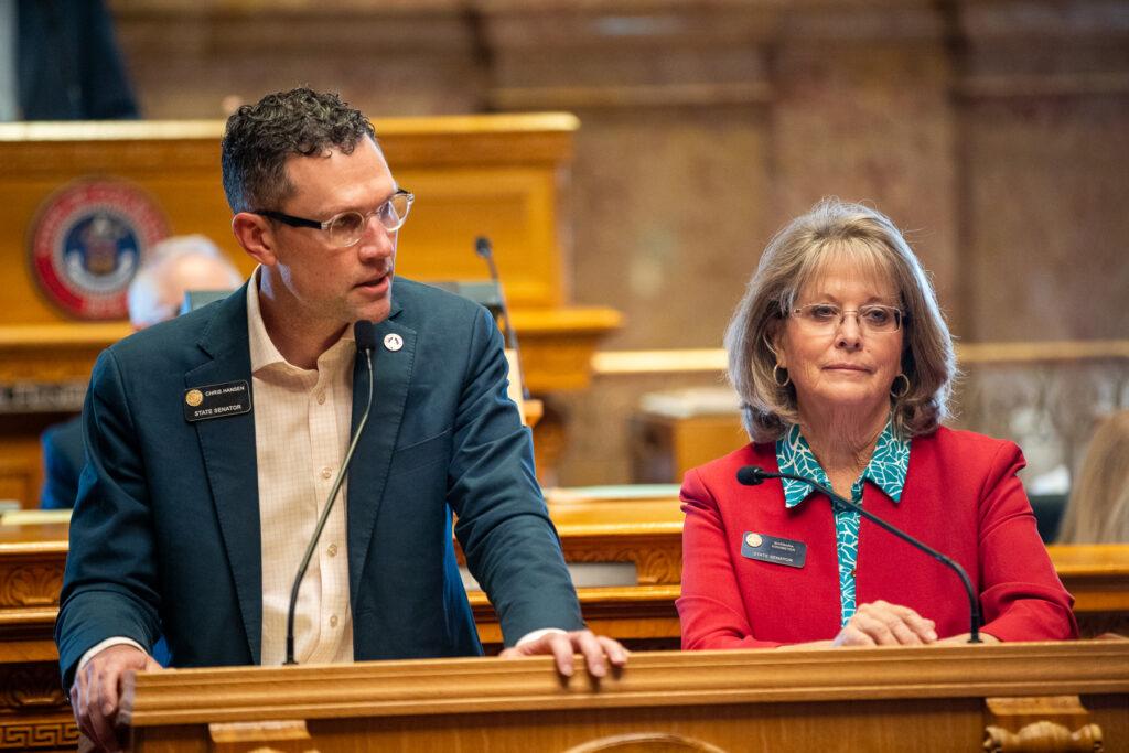 State Sens. Chris Hansen, left, and Barbara Kirkmeyer