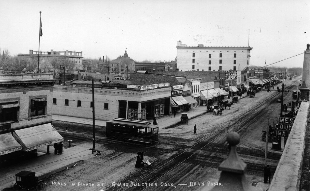 The intersection of Fourth and Main streets in downtown Grand Junction in 1910.