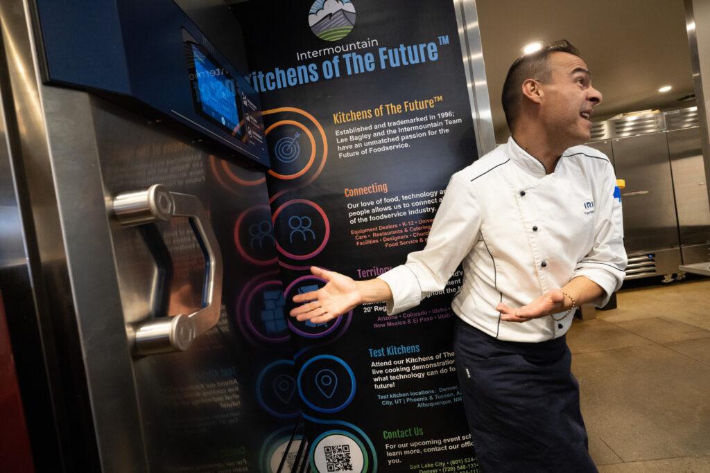 Irinox corporate chef Fernando Cardona describes the features of a computerized flash freezer and oven