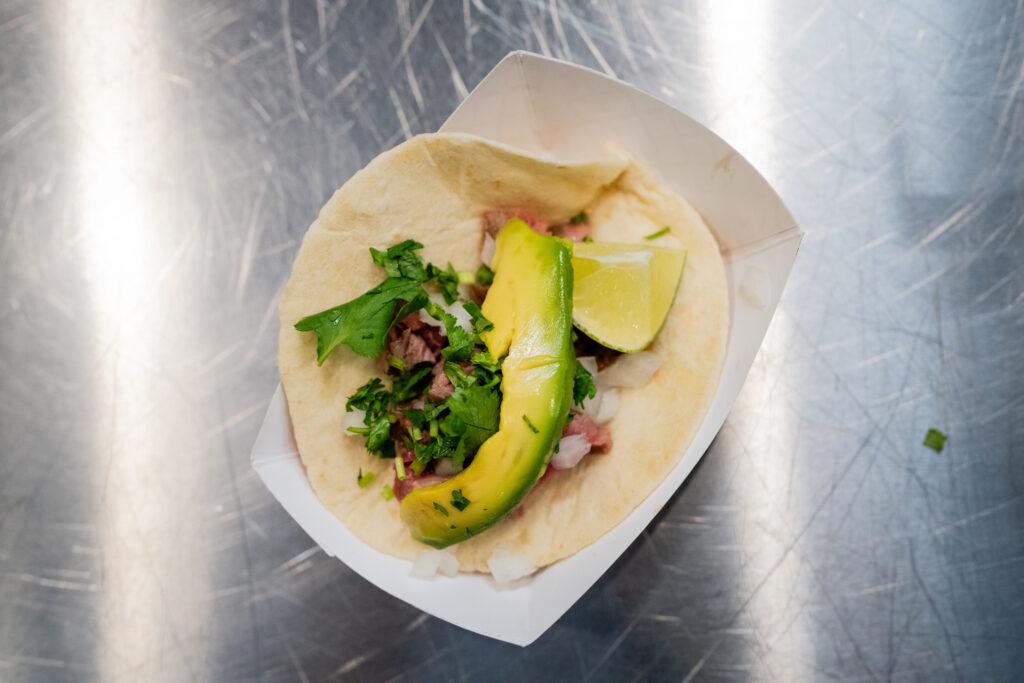 A flash frozen avocado slice tops a street taco at Intermountain Food Equipment in Denver