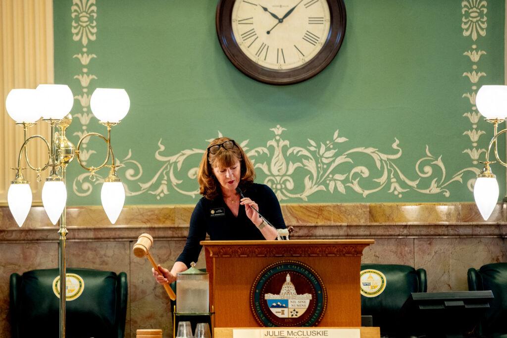 House Speaker Julie McCluskie gavels in a special session of the Legislature