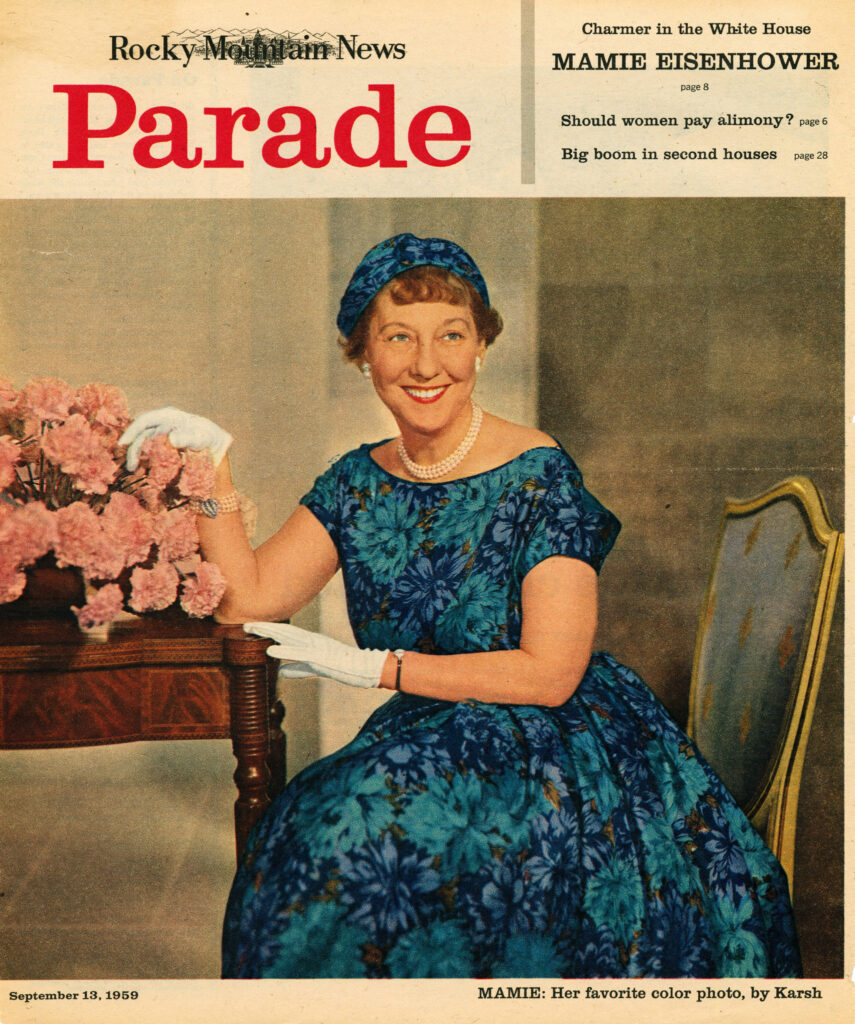 The cover of a Colorado magazine in 1959 features Mamie Eisenhower with Colorado carnations.