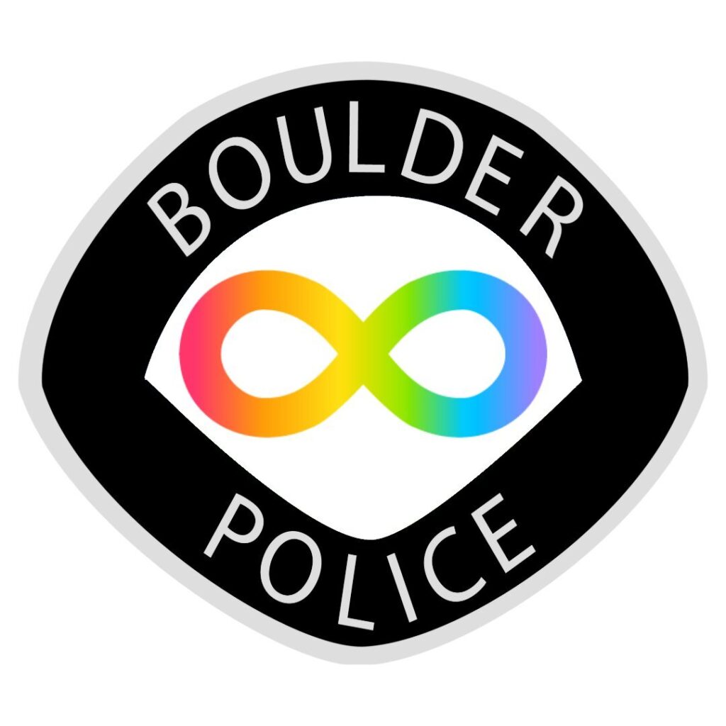 A newer Autism awareness decal, with a black border that reads &quot;Boulder Police&quot; and contains a rainbow infinity sign.