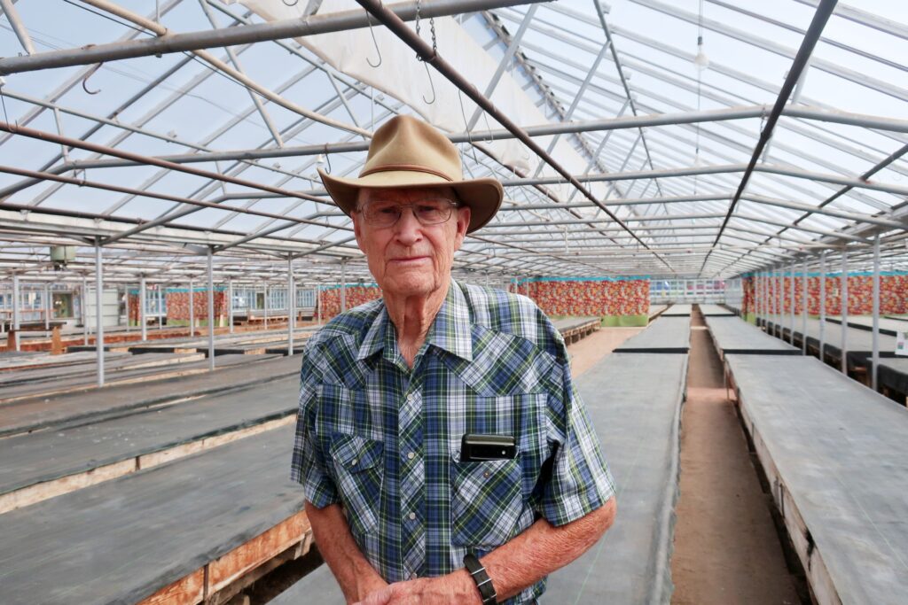 Jerol Novacek, 82, stands in his greenhouse that grew carnations for several decades.