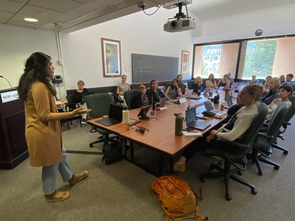 A woman stands at the head of a long conference table speaking to health care providers in the climate medicine program.