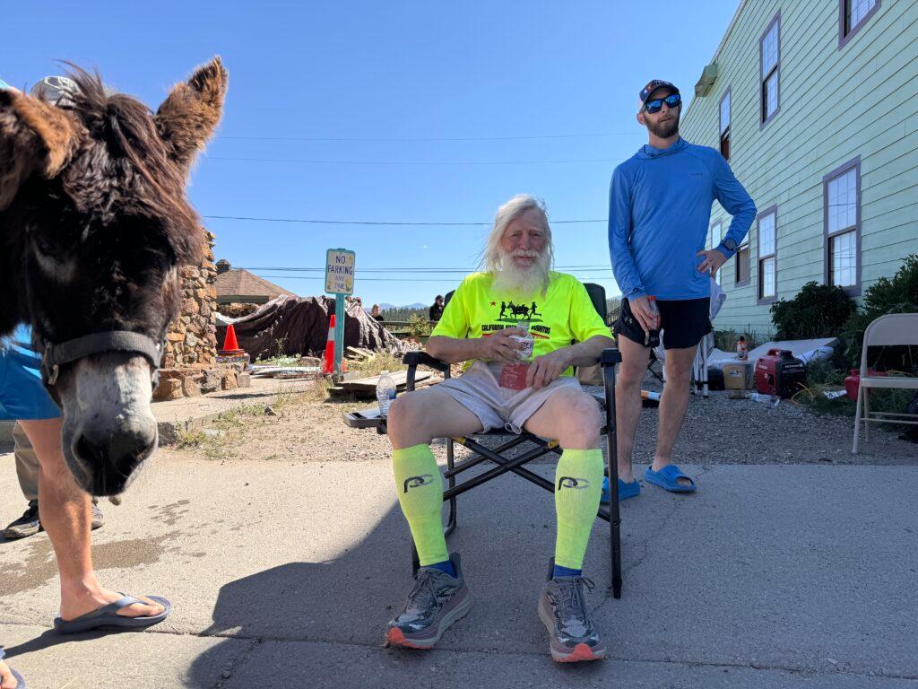 An old man in neon yellow sits in a chair on the sidewalk. The head of his brown donkey peaks into the left side of the frame.