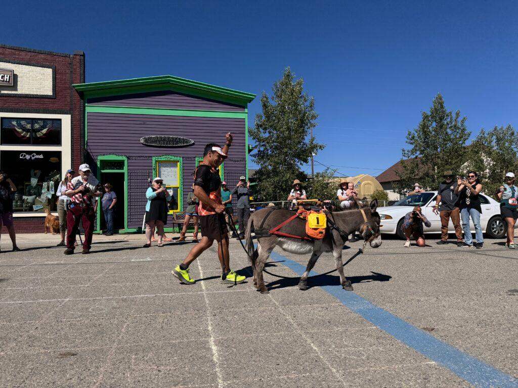 A man in running attire and a small donkey walk across a blue line marked in a street.