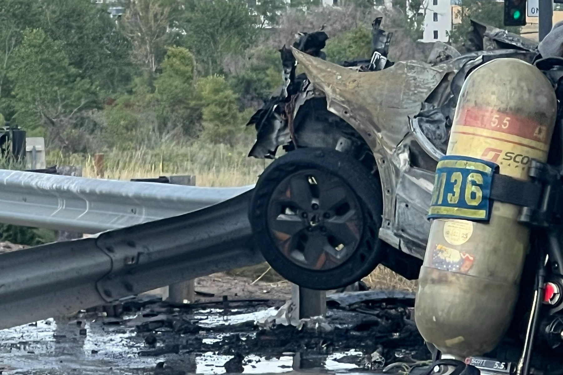 What's left of an EV after a fire on I-25.