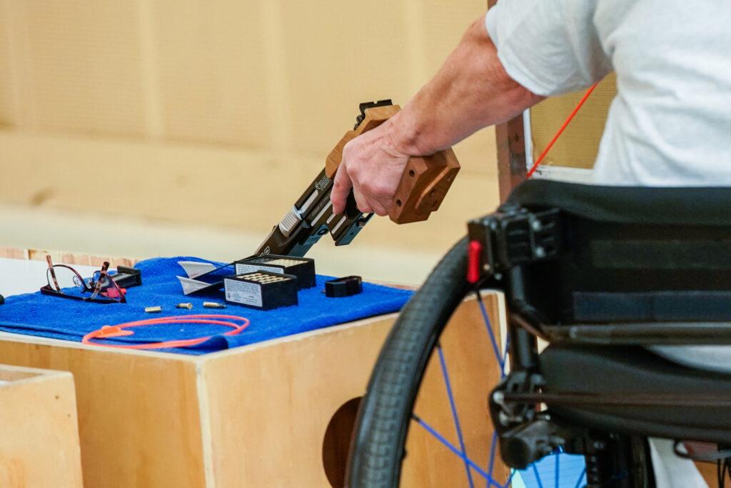 YanXiao Gong practices Para Pistol at the U.S. Olympic and Paralympic Training Center