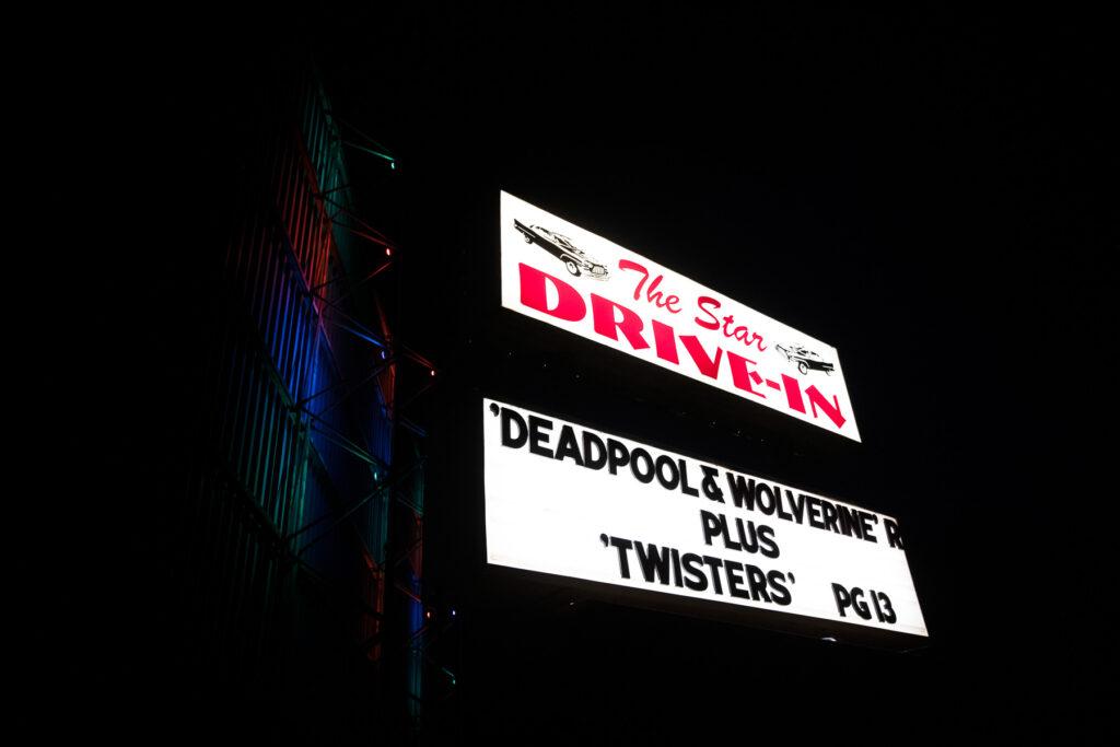 The lighted sign at the Star Drive In theater in Montrose