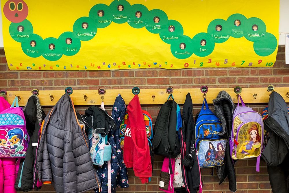 Backpacks like a first grade classroom at Goldrick Elementary.