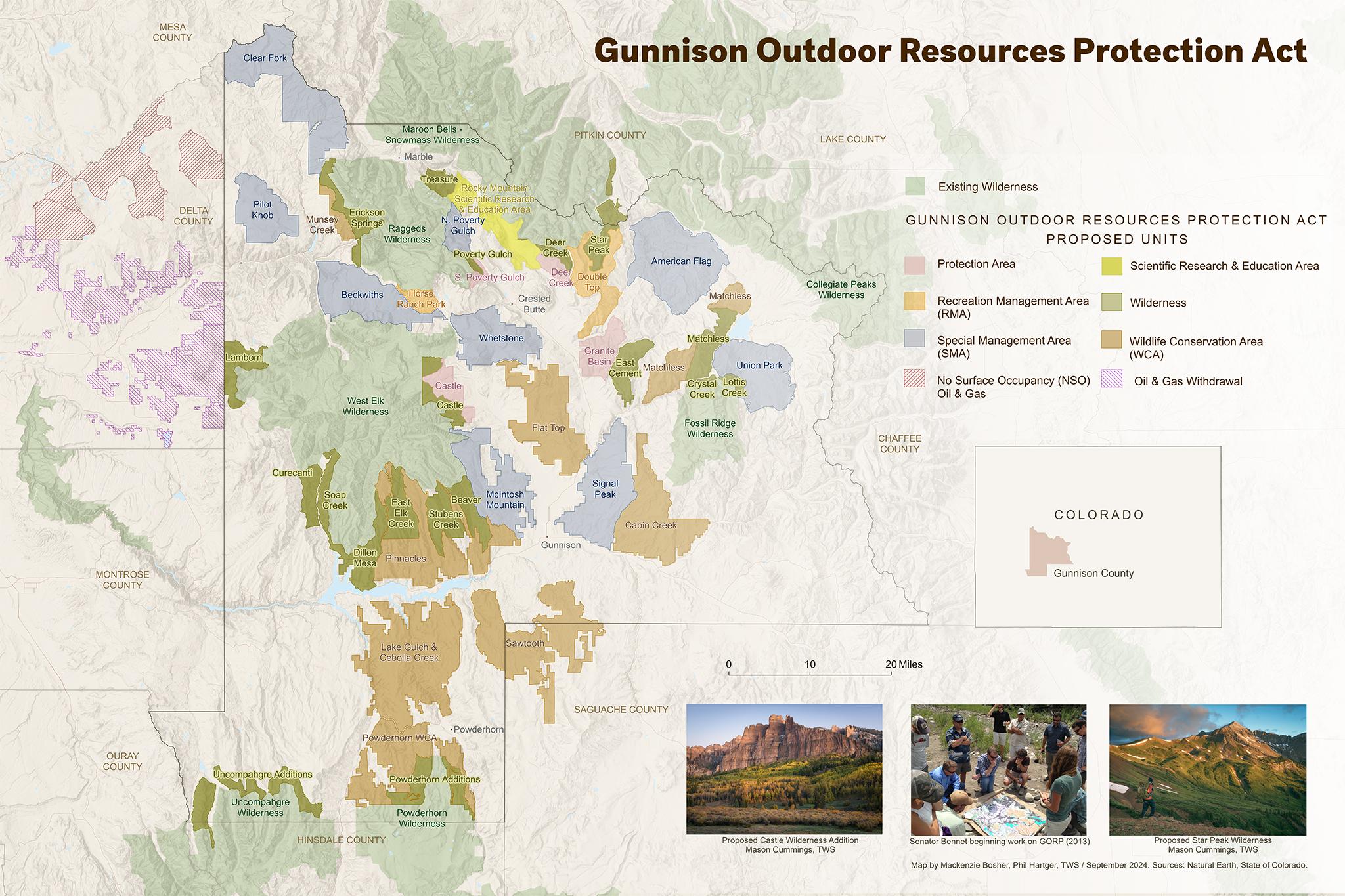 A map showing the Gunnison Outdoor Resources Protection (GORP) Act proposed units in and around Gunnison County.