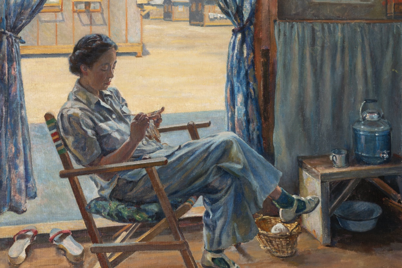 A painting of a woman sitting in a chair inside a building at Camp Amache where Japanese Americans were incarcerated during World War II.