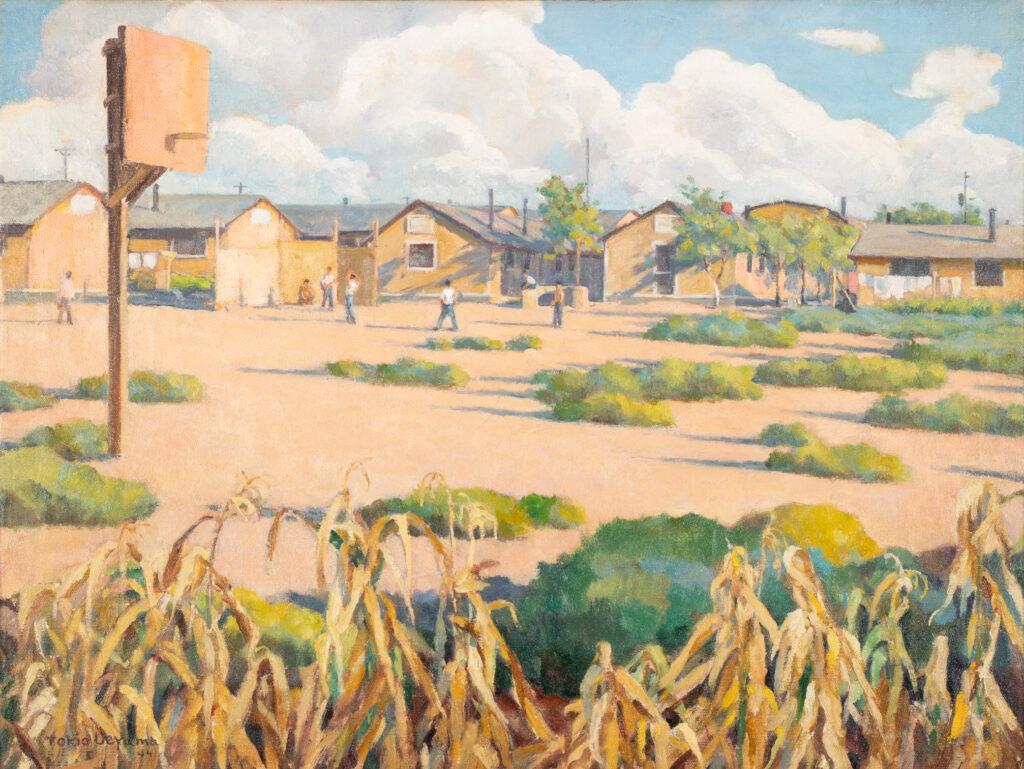 A painting by artist Tokio Ueyama which shows barracks at Camp Amache in the 1940s with a basketball court and cornfield in the foreground.