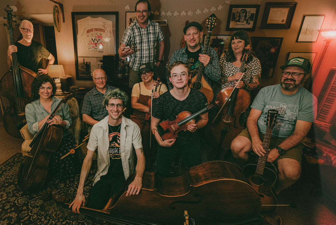 Group photo shows the Colorado Celtic band Avourneen and their friends