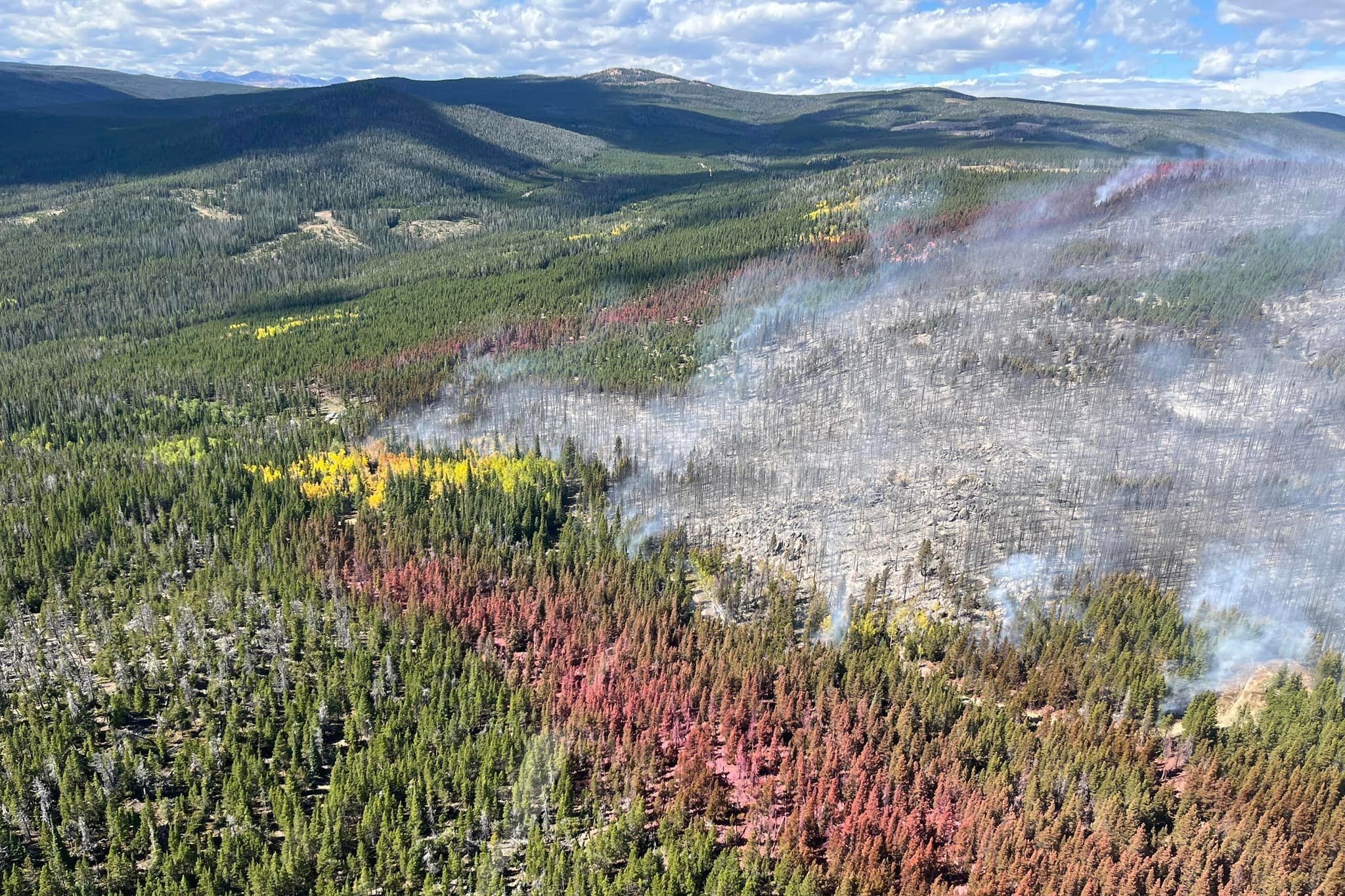 An aerial photo showing the smoke-filled edge of a forest fire