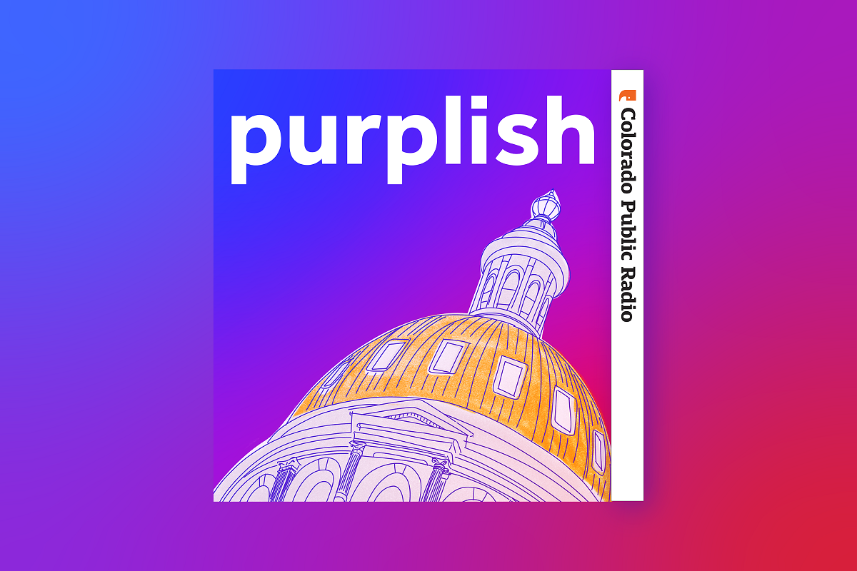 A podcast logo showing an illustration of the the Colorado Capitol with the word "purplish" above it. Branding notes that Colorado Public Radio and this podcast are part of the NPR network.