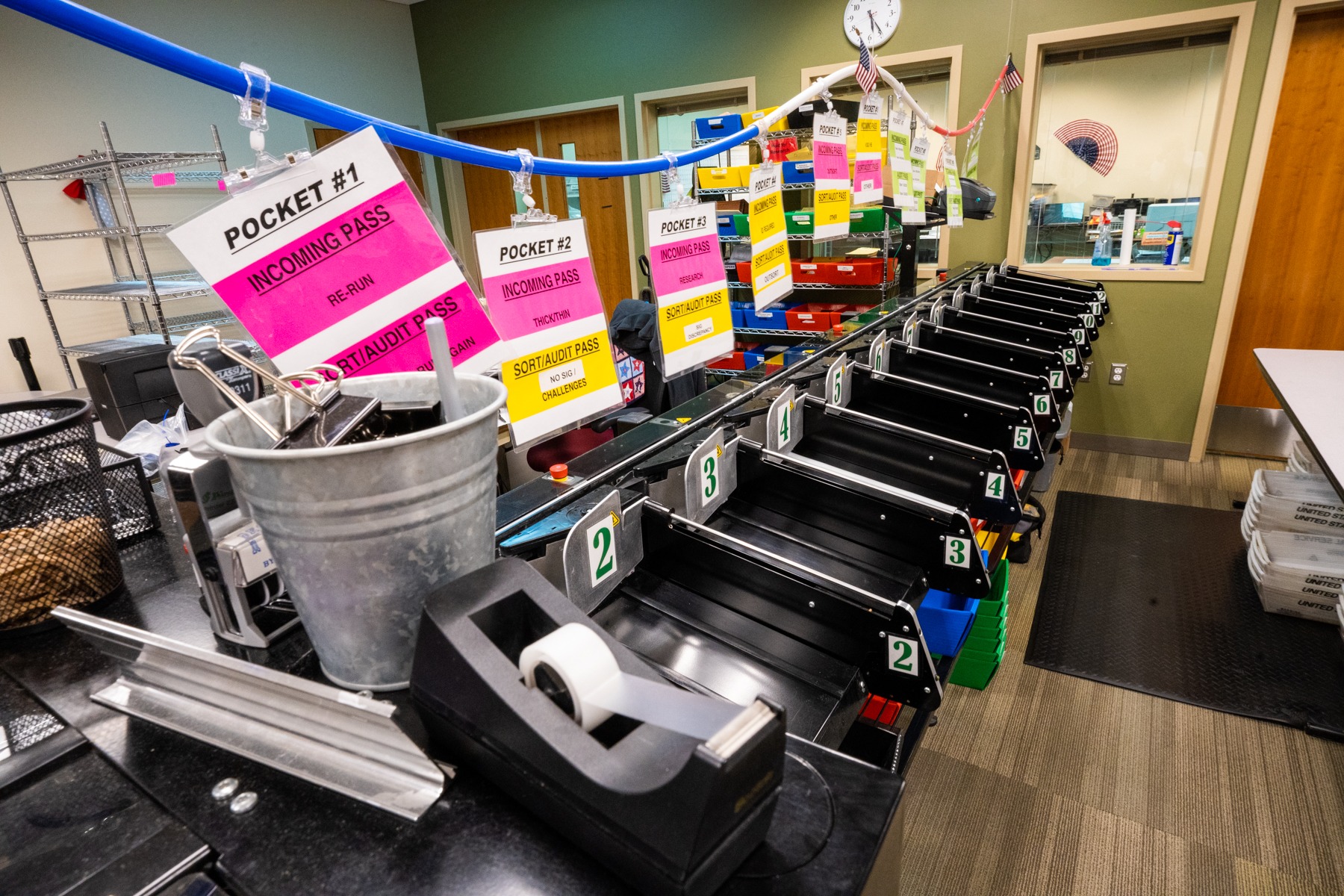 The Mesa County Elections Agilis ballot sorting machine sits quiet