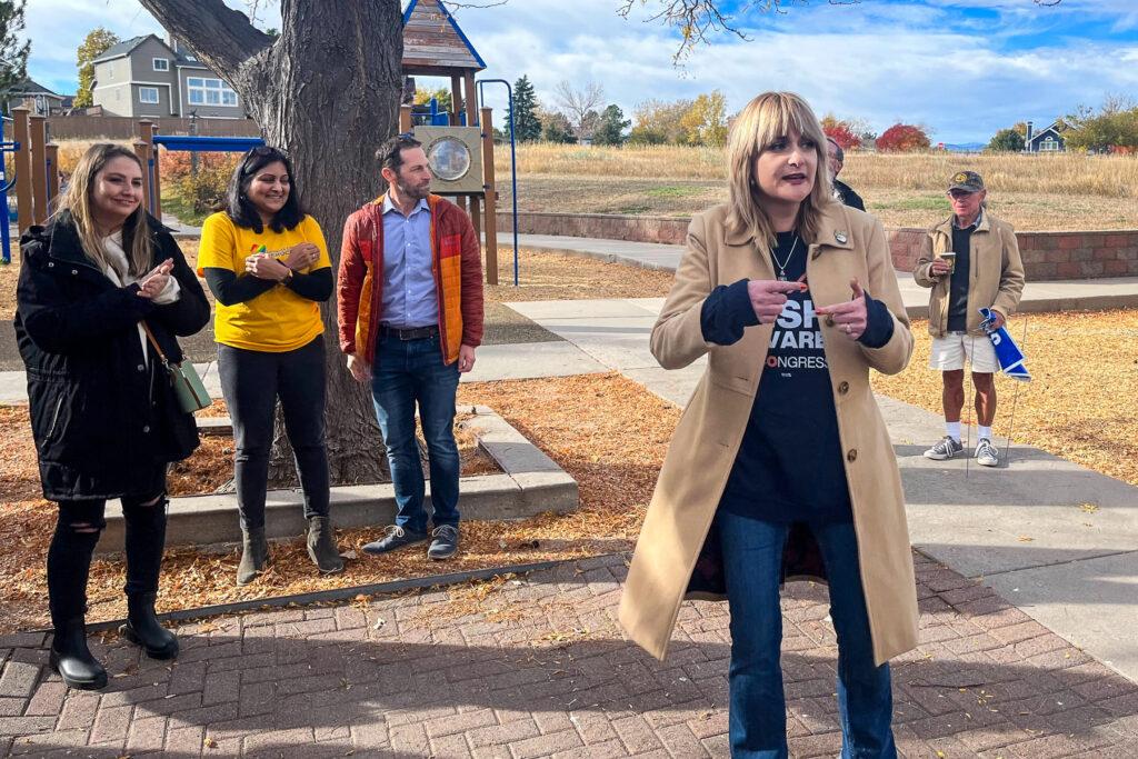 Democratic candidate Trisha Calvarese shares her campaign message with volunteers