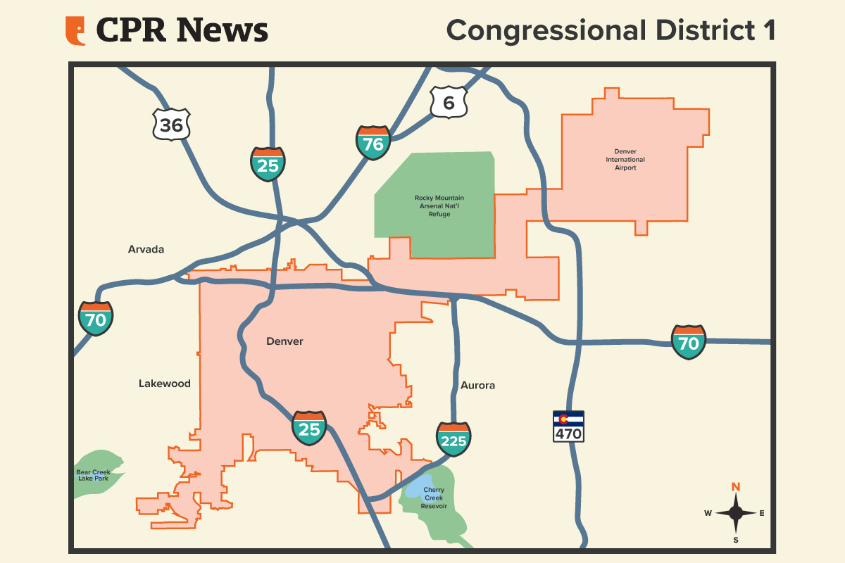 A map of Colorado's 1st congressional district, including the DIA area and the rest of Denver county, spanning between Rocky Mountain Arsenal National Refuge in the north and Cherry Creek Reservoir in the south.