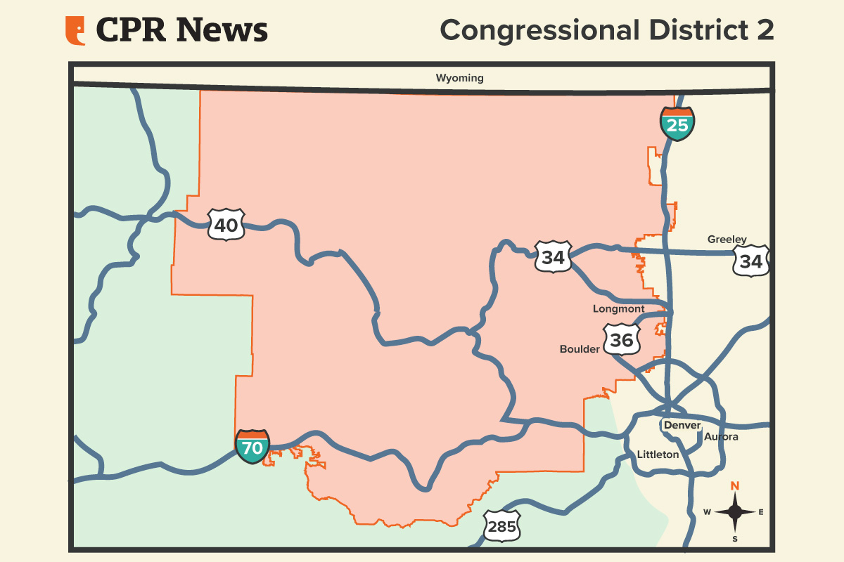 A map of Colorado's 2nd congressional district, including the DIA area and the rest of Denver county, spanning between the city of Craig in the west and Longmont and Boulder in the east.